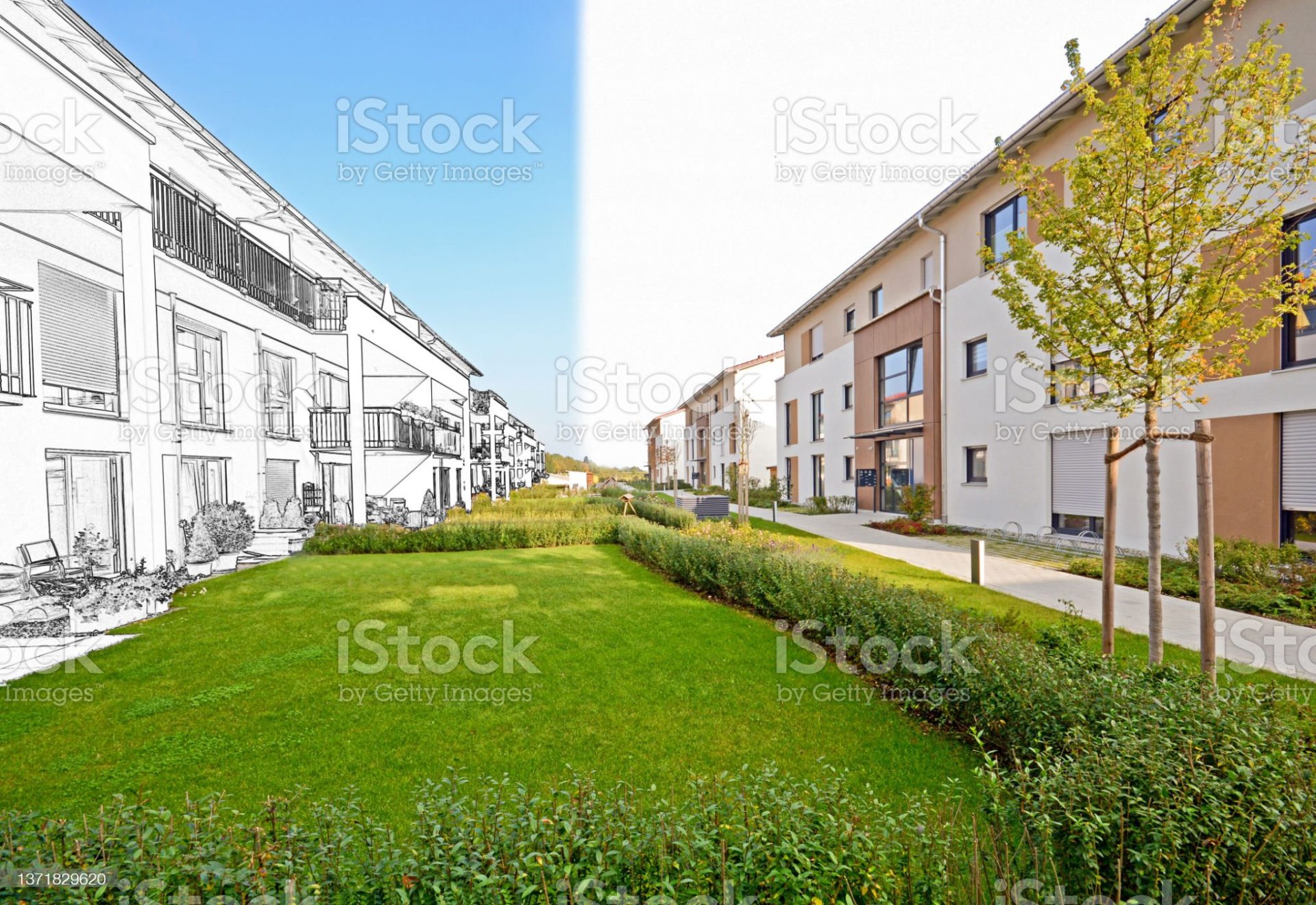 From drawing sketch of a residential area to construction completion of modern apartment buildings, new green urban landscape in the city